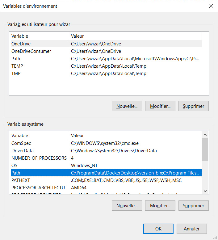 Variables d'environnement Windows